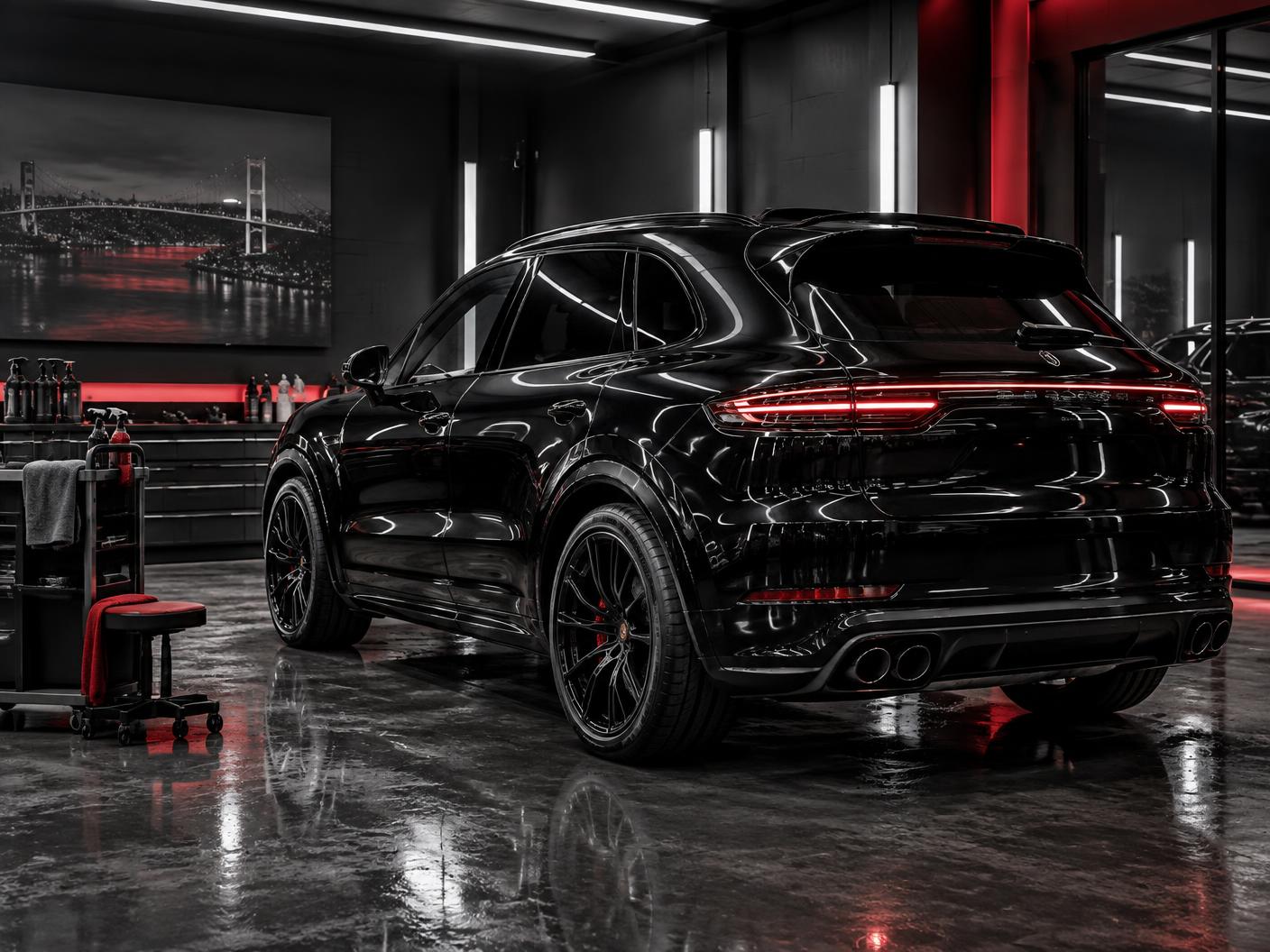 Premium stüdyoda dış detailing uygulanmış siyah otomobil